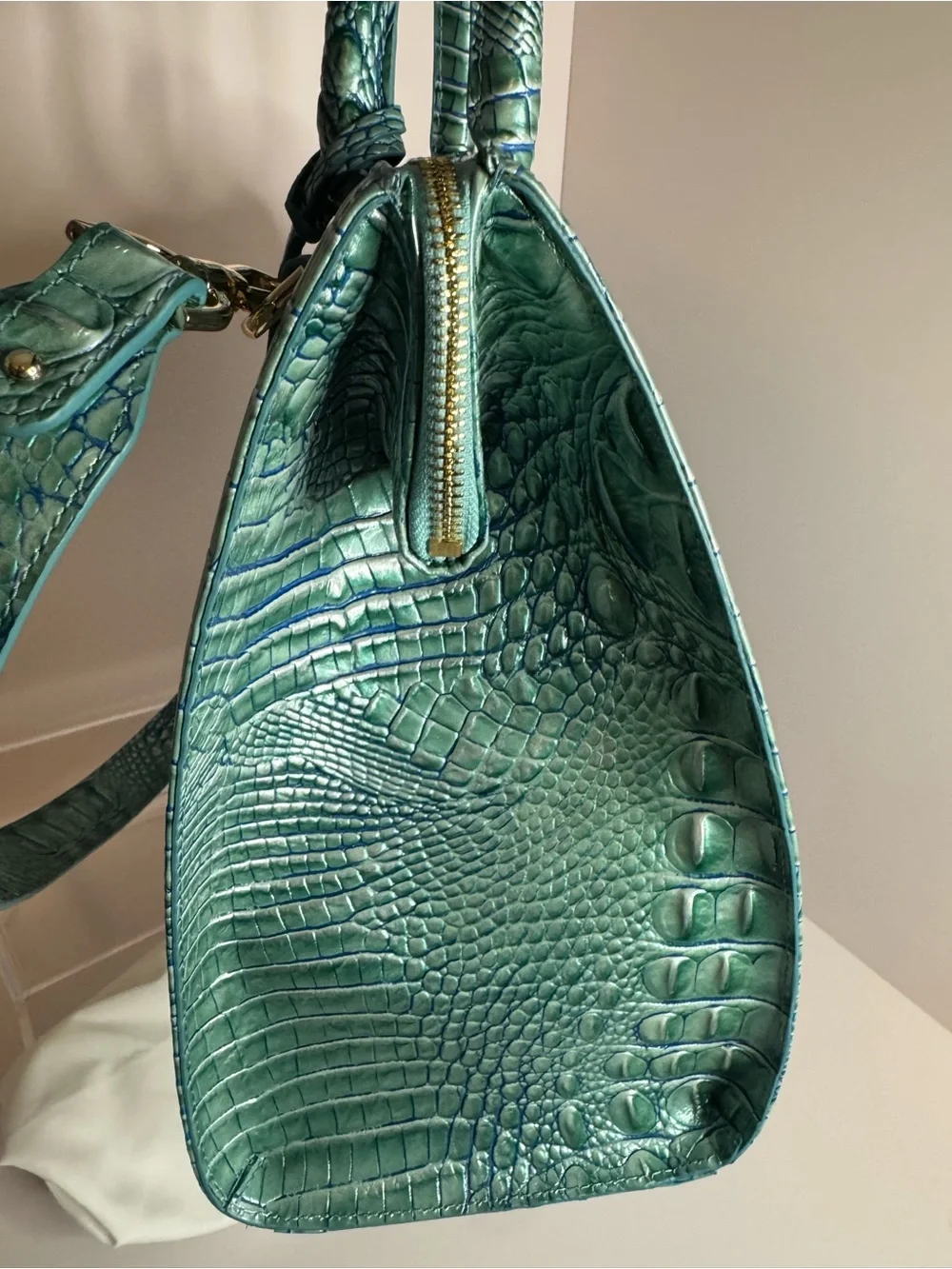 #304 Brahmin Caroline Seafoam Melbourne Embossed Leather Satchel Two-Way Bag